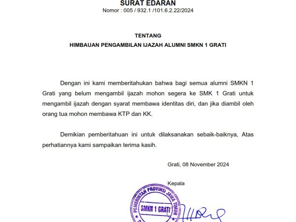 Himbauan Pengambilan Ijasah Alumni SMKN 1 Grati